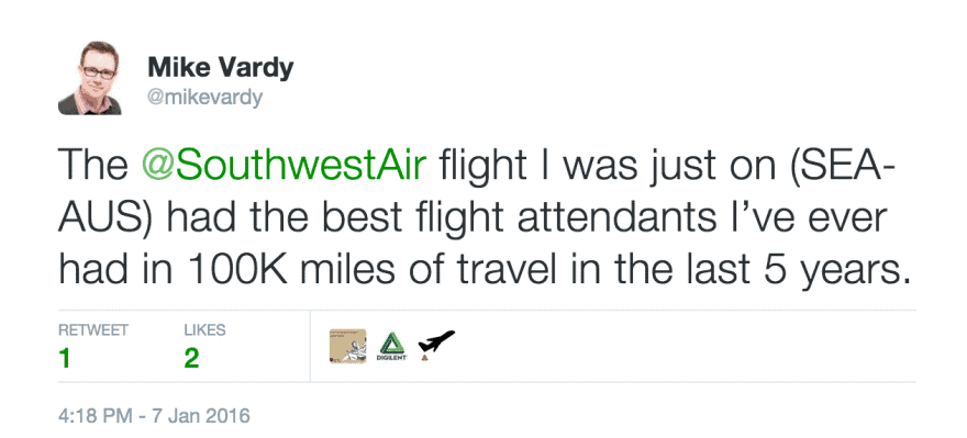 My tweet about the Southwest flight attendant who found joy in their work