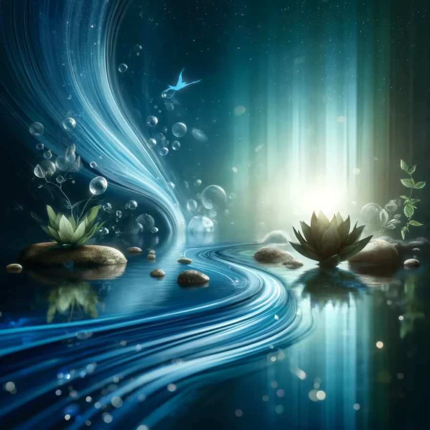 Serene water scene with gentle ripples and floating leaves, representing the timeless wisdom of adaptability and calmness. The soothing blues and greens highlight the tranquil nature of water, embodying the essence of Bruce Lee's 'be like water' and David Allen's 'mind like water' philosophies. This calming and inspirational image is perfect for illustrating concepts of flexibility, mindfulness, and productivity.